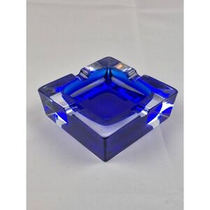 J.G. Durand Cobalt Blue Crystal Ashtray Vintage Square French Lead Glass MCM